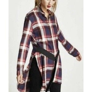 Zara Trafaluc Plaid Belted  Tunic Shirt Hi-Low  Oversized Red Blue Women’s XS